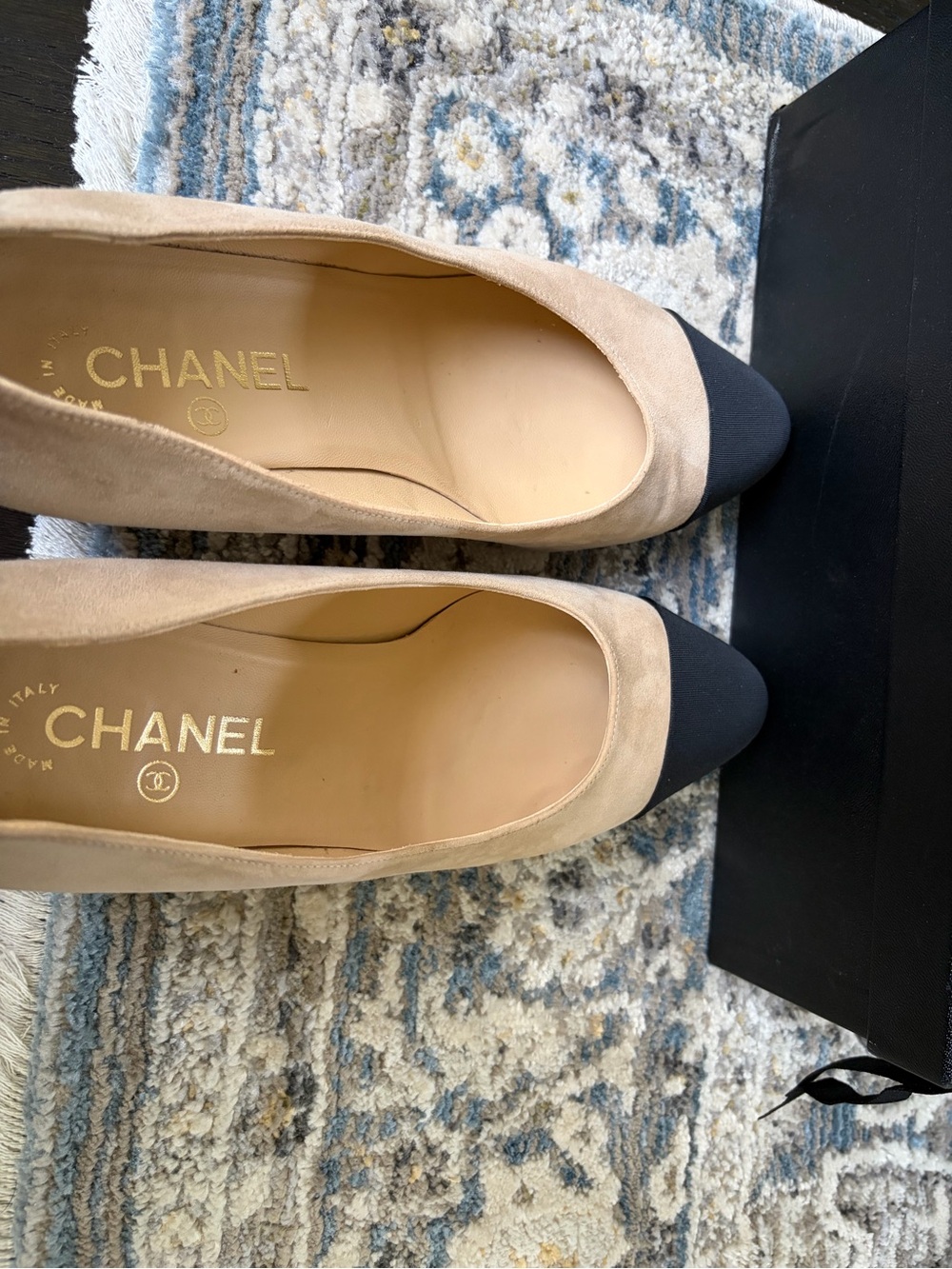CHANEL Beige Suede Pumps with Black Cap Toe - Picture 10 of 11